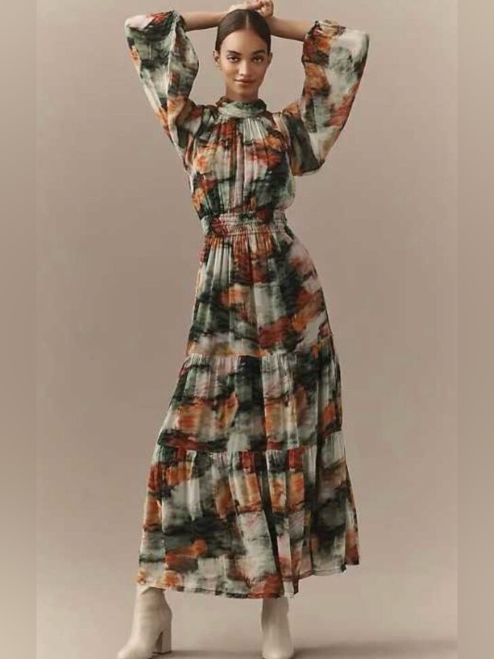Anthropologie Boho Floral Abstract Print Tiered Maxi Dress size S
